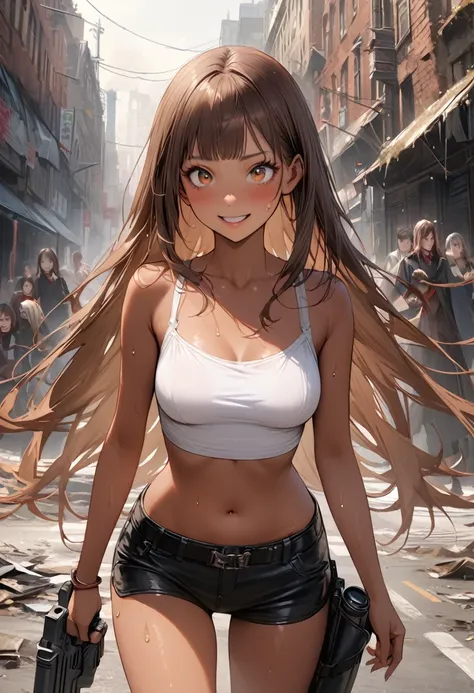 Dynamic gun action scenes、Woman shooting down zombieasterpiece,Highest quality:1.3,best quality illustration)),(realistic),cowboy shot,独奏,1woman,25 year old beauty,brown hair,long hair,bangs,brown eyes,(gorgeous big eyes),((very small head:1.3)),A strong s...