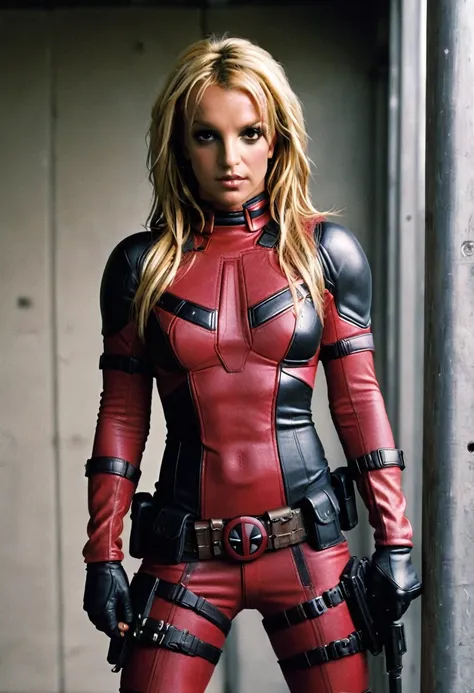 britney spears vestida de heroi deadpool, super sensual, heroine pose holding in her hands a glock g25 caliber pistol .380, cine...