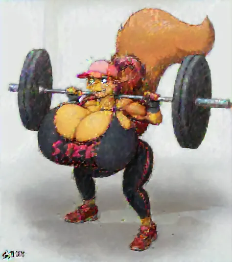 cartoon of a woman lifting a barbell with a squirrel on her back, commission for high res, large muscles, fullbody commission for, thicc, muscular girl, very strong, (sfw) safe for work, lifting weights, big wide broad strong physique |, lowres, working ou...