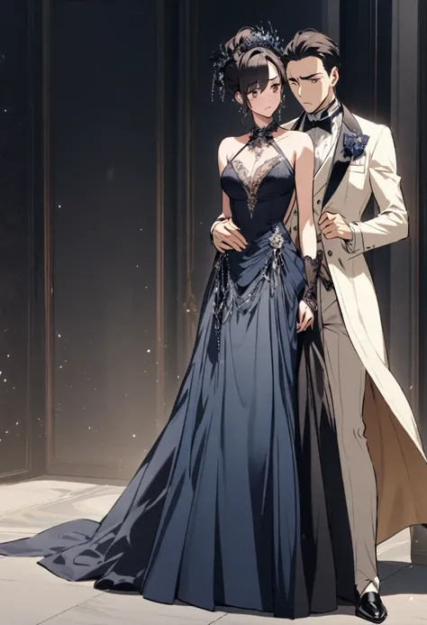 heterosexual couple (man and woman) of hugging while standing in elegant clothes, but the man is upset 