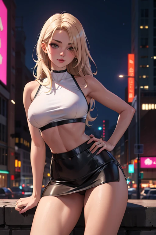 masterpiece, best quality, shadows, perfect hands, perfect legs, perfect anatomy, pretty face, mature features, 1 girl, 21 years old, MILF, mature woman, tight crop top, sexy leather skirt, city night background, white long hair, thighs, ass, breast, seduc...