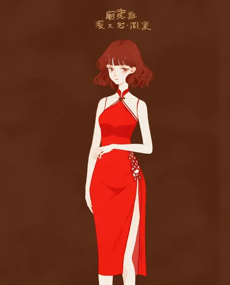 Height: 158, I&#39;m redhead, 小柄, shoulder length wavy hair with bangs, small ass, but I have an ass, I am thin, wearing a 小柄 red dress, White background , Hand drawn, a little sexy, very 