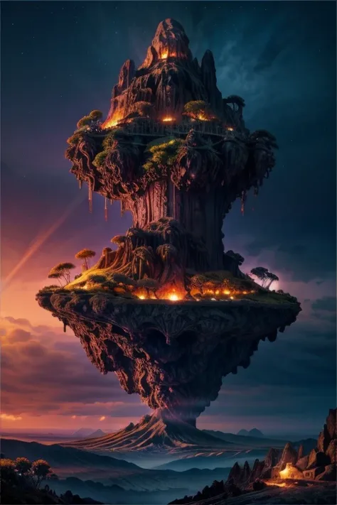 a mystical mysterious island above the sky, volcanic ash clouds surrounding it, mysterious atmosphere, lava, mystical, fantasy, ...