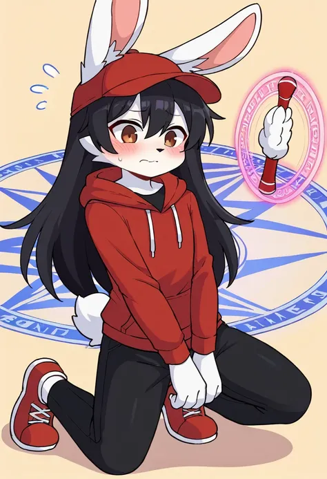 masterpiece, best quality, expressive eyes, perfect face, a man get transformed into a furry bunny, furry bunny, white fur, bunny tail, bunny ears, solo, surpriced, blushed, black hair, long hair, red baseball cap, black shirt, red hoodie, black sports pan...