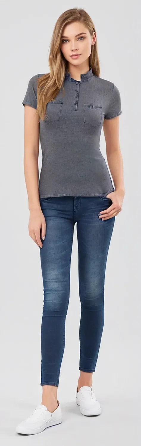 a woman in a gray shirt and jeans posing for a photo, jeans and t shirt, dark blue jeans, jeans, jeans jeans, blue jeans, jeans, tight jeans jeans, blue tight t-shirt, centre image, ( ( ( wearing pants ) ) ), wearing a dark shirt and jeans, with two front ...