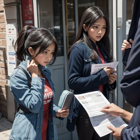 Pretry woman giving news worried about the crime asking people the help