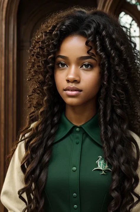 ((best quality)) ((masterpiece)) ((detailed)) female, lightskin, teenager, hogwarts, angelic looking, majestic looking, black curly afro hair that is really pretty big and long, brown eyes almost black, Slytherin uniform 