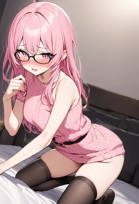 pink hair black glasses pink eyes extremely blushing a large pink sweater naked at the waist chains black stockings that she is a reserved girl her bed that she is on her knees touching her butt