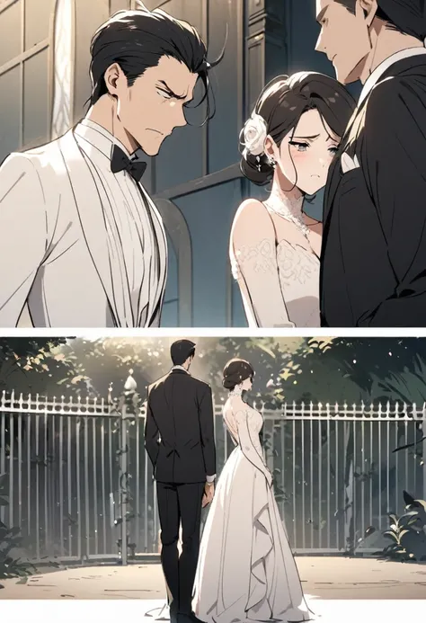 Elegant man, elegant woman, standing, Fence, upset man, sad woman