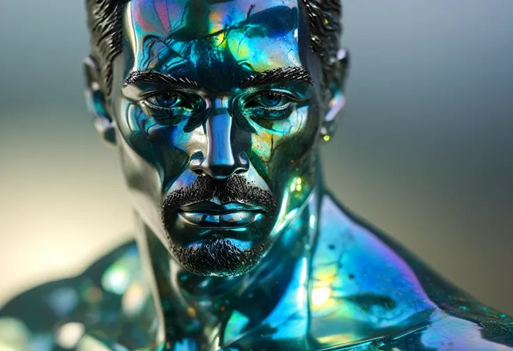 (macro session),  SCULPTURE in shiny labradorite gemstone of a man with his entire body visible , iridescent appearance. break,  realisitic, ((photorealisitic)), extremely detailded, glass reflection, dark shadows, hard light hard shadows, Shallow depth of...