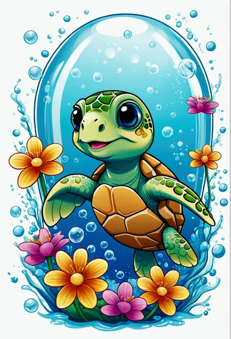 Chibi sea turtle, air bubble, flowers, vivid color, splash of color, cute, illustrator, digitl art, image for t-shirt design, White background, Ultra HD Details, 