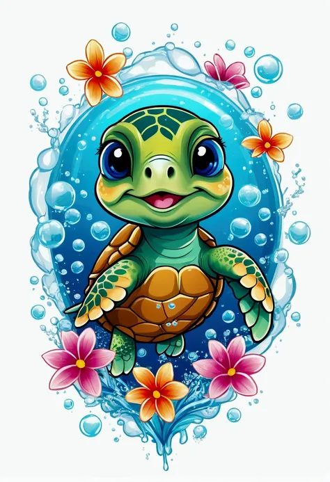 Chibi sea turtle, air bubble, flowers, vivid color, splash of color, cute, illustrator, digitl art, image for t-shirt design, White background, Ultra HD Details, 