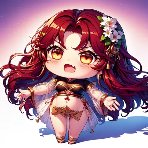 Chibi character pixel art, ((xian mei)), 1 girl, long red hair, standing, Chibi style, shapely breasts, high quality pixel art, Gege Akutami, photography, beautiful, colorful, realistic, masterpieces, top quality, best quality, official art, beautiful and ...