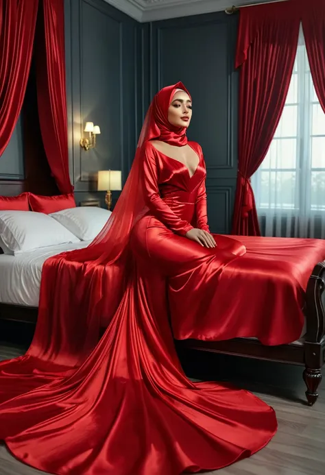 a woman in the translucent red silk gown, full body,wear hijab,wear translucent veil ,brest expose, half neked, mermaid tight long gown, flowy dramatic long gown, double long satin train ( 4 meter long ),luxury bed room,red satin sheet, wear high heels, ma...