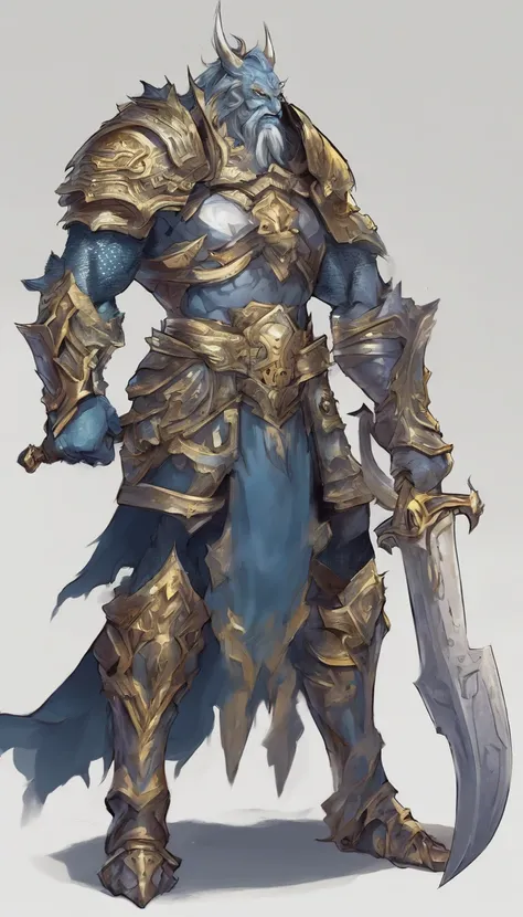 Sport concept people art on white background.  I don&#39;t know.  A mighty blue half-dragon giant warlord warrior.  The character has perfect body proportions, high, slim and muscular.   The character wears stunning full-body silver armor with lots of intr...