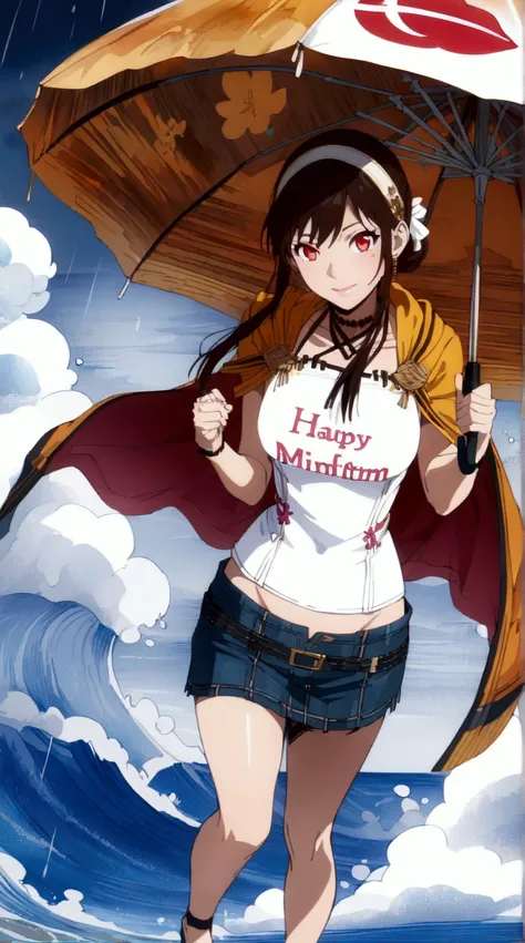 YorForger {black hair,red eyes,short hair with long locks, white hairband}, holding an umbrella at the beach on rainy day, anime style, beautiful detailed eyes, beautiful detailed lips, extremely detailed face, longeyelashes, 1girl, solo, full body, vivid ...