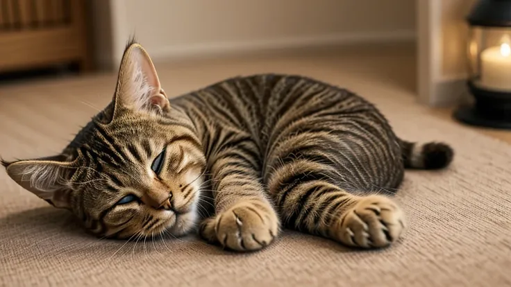 Very realistic animal photos，indoor，Home，night，Sense of atmosphere，An overhead shot of a cute tabby cat sleeping soundly with its legs in the air，Realistic animal hair，Capture cute pet tabby cat sleeping，female cat，