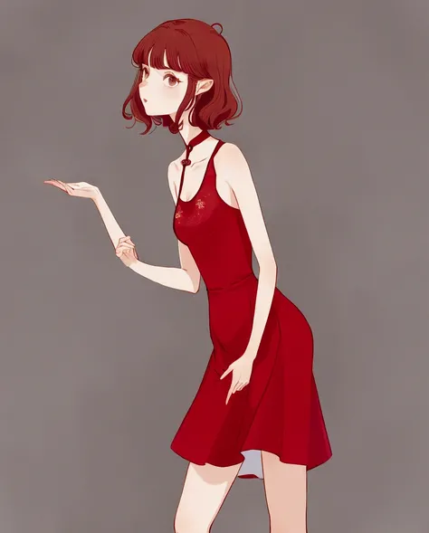 Height: 158, I&#39;m redhead, 小柄, shoulder length wavy hair with bangs, small ass, but I have an ass, I am thin, wearing a 小柄 red dress, White background , Hand drawn, a little sexy, , de 16 anos, 