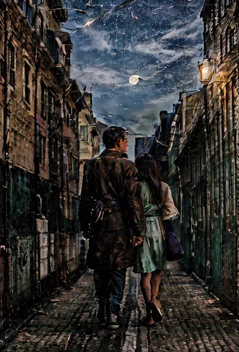 Two people walking on a sidewalk in a deserted city, where you can&#39;t find more people, just houses and moonlight, one is a man with green hair and the other is a woman with long brown hair.