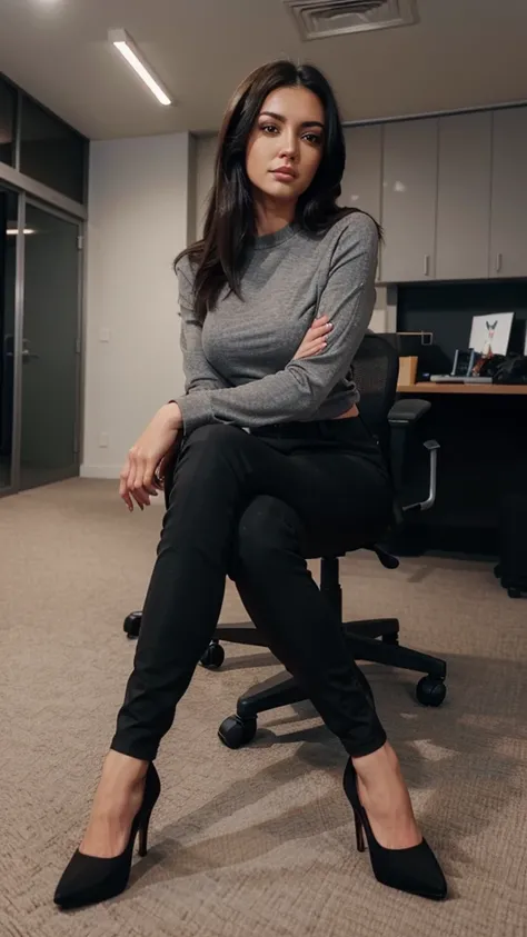 Brunette using a grey tight caffarena. straight black hair. black office pants. black stilettos. sitting, leg crossed. Instagram style photo, detailed face, UHD, front view