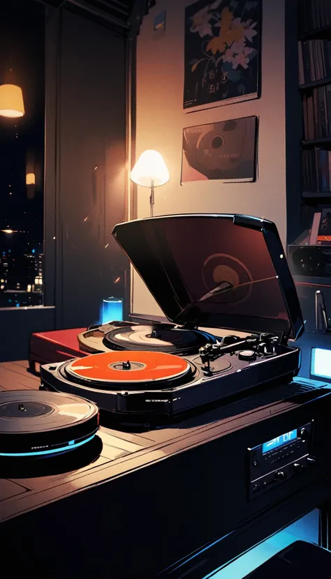 Music is playing, Vinyl record player, night, Sense of atmosphere, Dim Lights