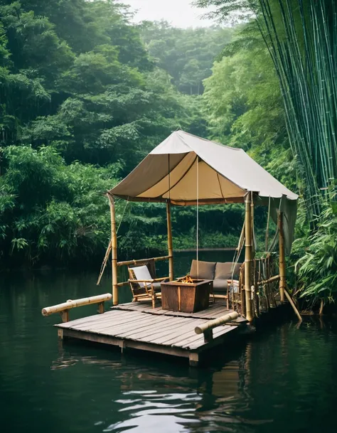 **A photograph of a small, cozy tent on top of an old wooden raft with bamboo accents floating in a lake surrounded by a dense forest. The tent is covered with canvas and has several windows that look out onto calm waters and greenery. In front there is a ...