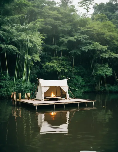 **A photograph of a small, cozy tent on top of an old wooden raft with bamboo accents floating in a lake surrounded by a dense forest. The tent is covered with canvas and has several windows that look out onto calm waters and greenery. In front there is a ...