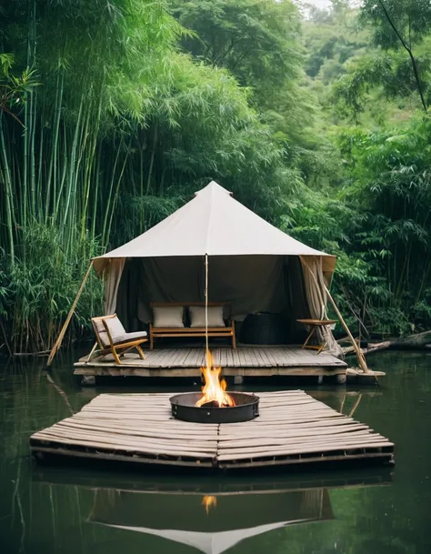 **A photograph of a small, cozy tent on top of an old wooden raft with bamboo accents floating in a lake surrounded by a dense forest. The tent is covered with canvas and has several windows that look out onto calm waters and greenery. In front there is a ...