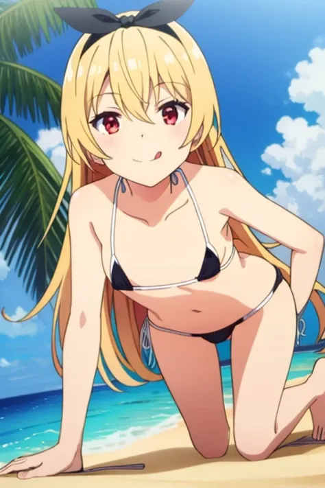  Arifureta_Yue, One Girl, Long Hair, alone, blonde, Red eyes, View your audience, hair bow, bow, black bow, hair band,  Hair between the eyes, Anime Coloring, bangs,  very Long Hair, jewelry, 黒リボンhair band, brooch, Outdoor,Sandy Beach,smile,(Micro Bikini:1...