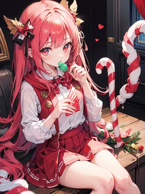 A girl sitting holding a candy cane