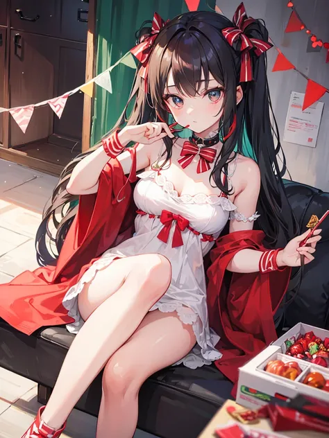 A girl sitting holding a candy cane