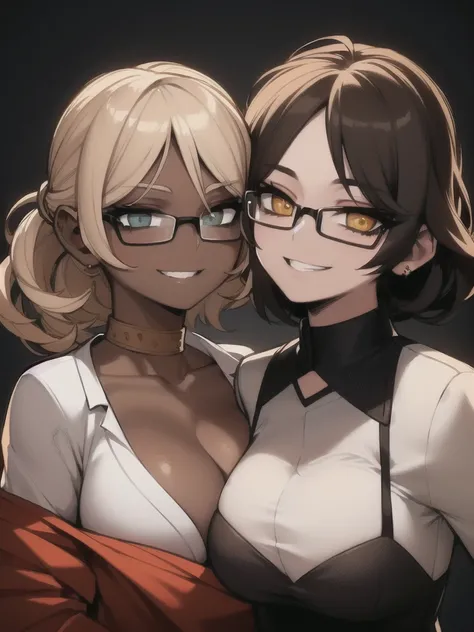 two sexy women looking at camera, flirtatious smiles, dark skin, office outfits, chokers, portrait, short curly white hair, glasses