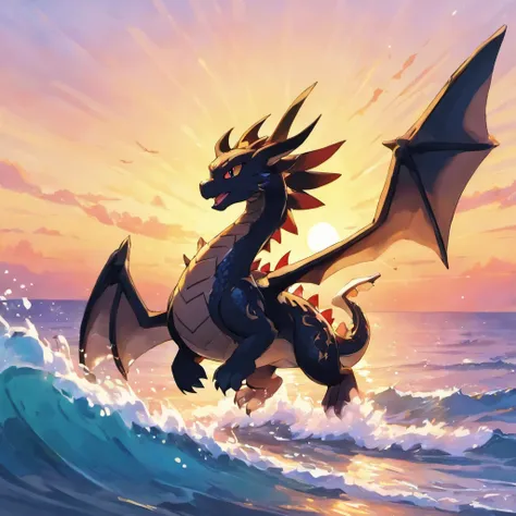 (work of art: 1.2, highest quallity), (real photografic, details Intricate), black dragon with wings , flying across the sea in front of the sunset 