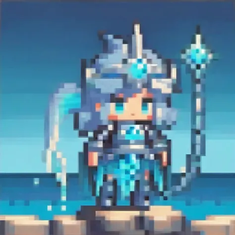 a chibi monster female character in shimmering blue and silver mermaid armor from an ocean fantasy, holding a glowing trident. s...