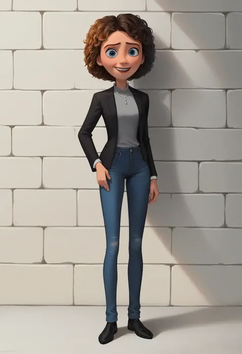 Poste 3d da Disney/pixar, a one woman, with curly brown hair with highlights, smiling round face and blue eyes, wearing gray shirt, black blazer, and black jeans. full - length portrait, looking at the camera, 3d, Pixar-style, animated cartoon. Background ...