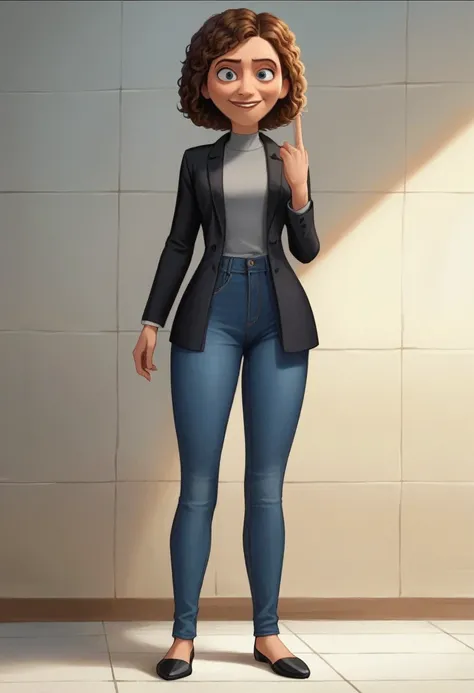 Poste 3d da Disney/pixar, a one woman, with curly brown hair with highlights, smiling round face and blue eyes, wearing gray shirt, black blazer, and black jeans. full - length portrait, looking at the camera, 3d, Pixar-style, animated cartoon. Background ...