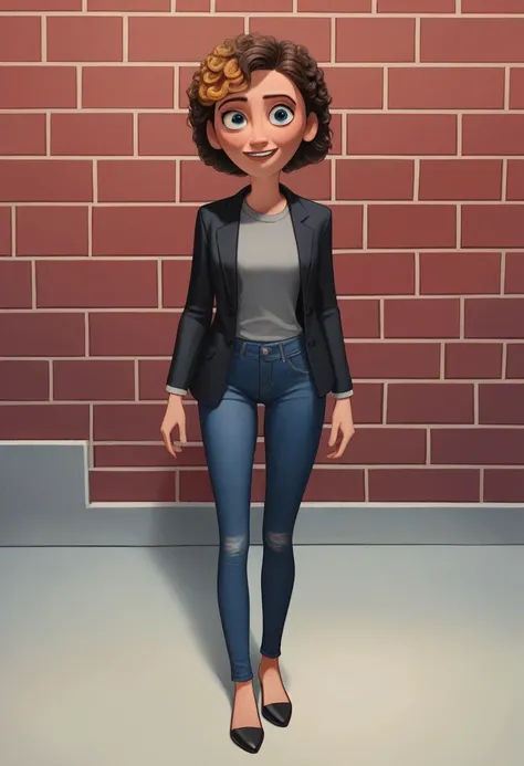 Poste 3d da Disney/pixar, a one woman, with curly brown hair with highlights, smiling round face and blue eyes, wearing gray shirt, black blazer, and black jeans. full - length portrait, looking at the camera, 3d, Pixar-style, animated cartoon. Background ...