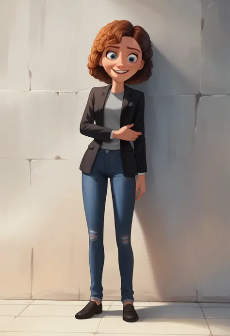 Poste 3d da Disney/pixar, a one woman, with curly brown hair with highlights, smiling round face and blue eyes, wearing gray shirt, black blazer, and black jeans. full - length portrait, looking at the camera, 3d, Pixar-style, animated cartoon. Background ...