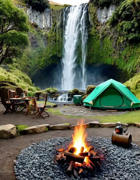 **A photo of an outdoor camping setup in New Zealand, featuring a vintage tent and chairs around a campfire with waterfalls behind. The scene includes stones on the ground, boxes inside a large green canvas tent, a lantern hanging from the tents side, smok...