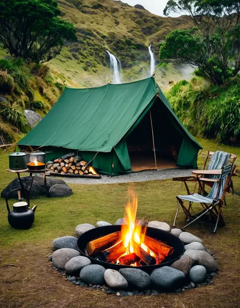 **a photo of an outdoor camping setup in new zealand, featuring a vintage tent and chairs around a campfire with waterfalls behi...