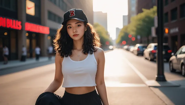 Black hair。Curly perm。Women with freckles。In the background, the evening sun shines on her hair.、background is blurry。Hiphop fashion。Chicago Bulls hat and Nike sneakers。whole body