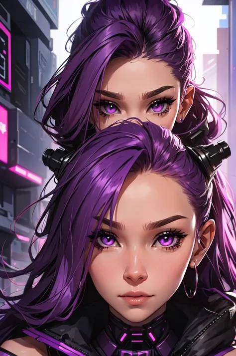 amazing purple hair, female cyberpunk character scientist, portrait, face shot, close-up