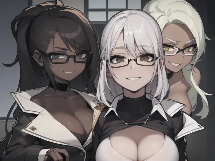 three sexy women looking at camera, flirtatious smiles, dark skin, office outfits, chokers, portrait, short curly white hair, glasses