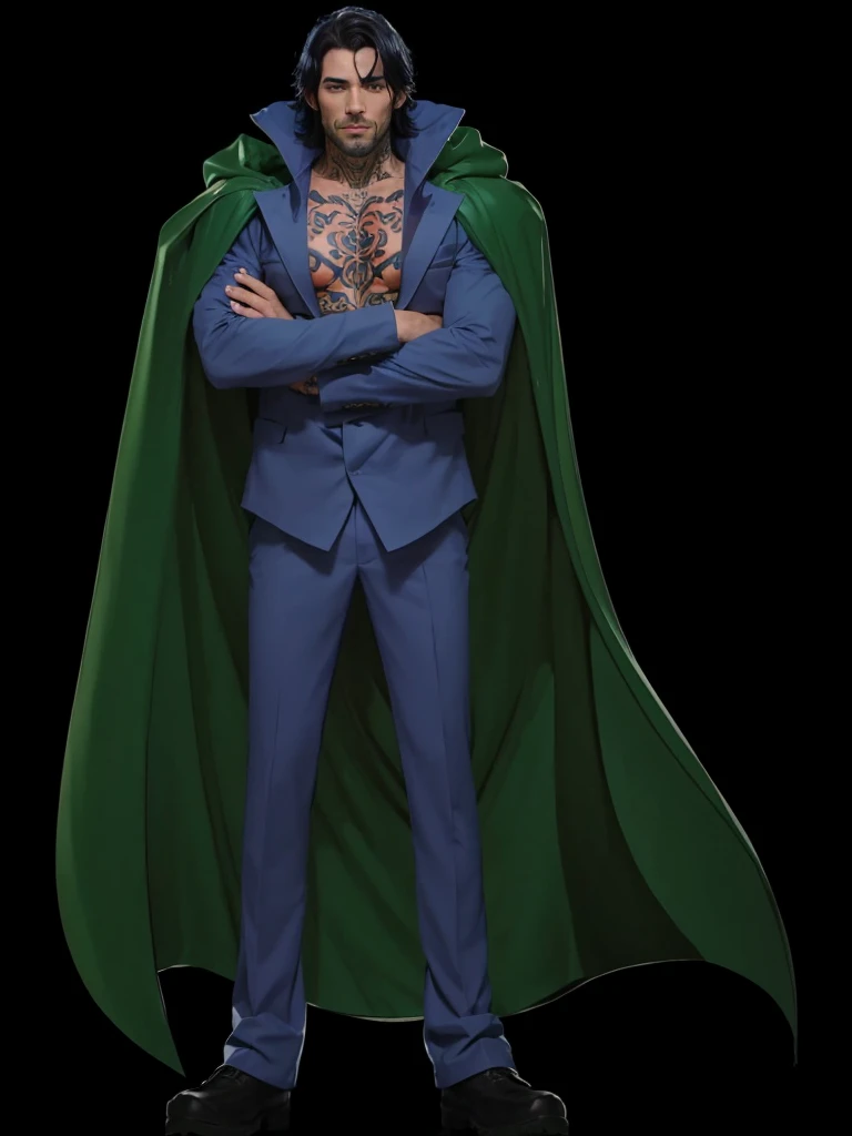 A man with a green cape on his back, with blue clothing set, with tattoo on face, Bblack hair