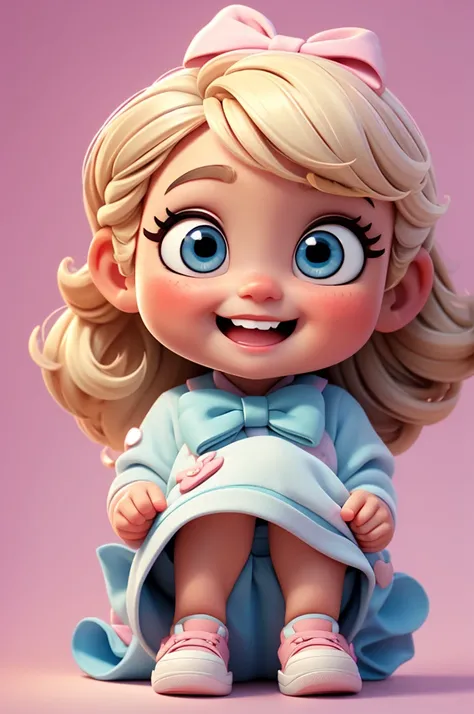 cute baby chibi girl blonde hair, bow in head, white and pink background, smiling happy, blue eyes, big eleyelash, rosy cheeks, blue shoes
