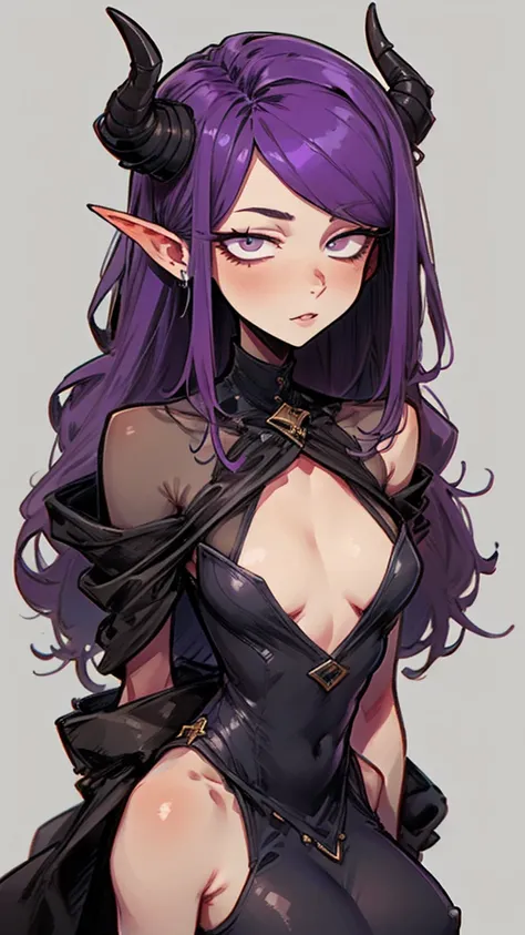 Tiefling Girl, purple hair, gray horns, high