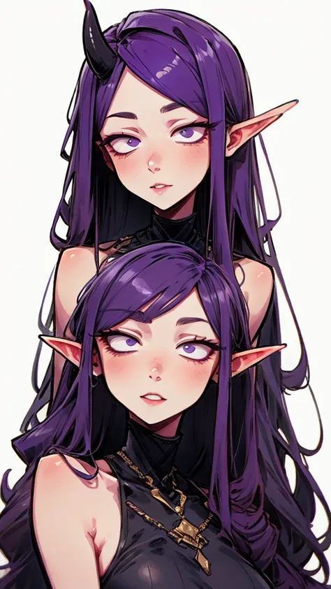 tiefling girl, purple hair, gray horns, high