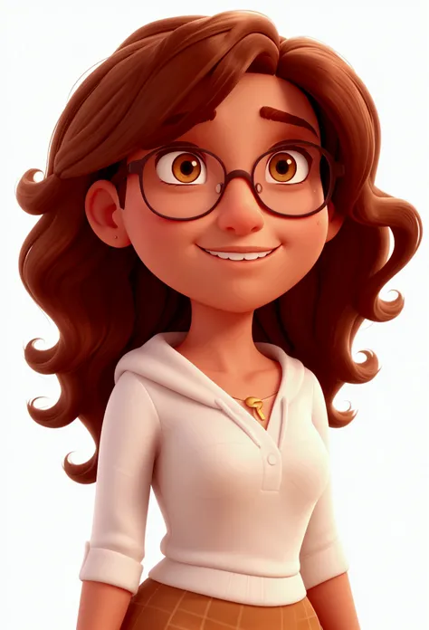  create a 3d pixar-style portrait image with a clean look and a white background of a 24 year old woman, brown skin, eyes browns, with gold-colored prescription glasses, very long brown curly hair