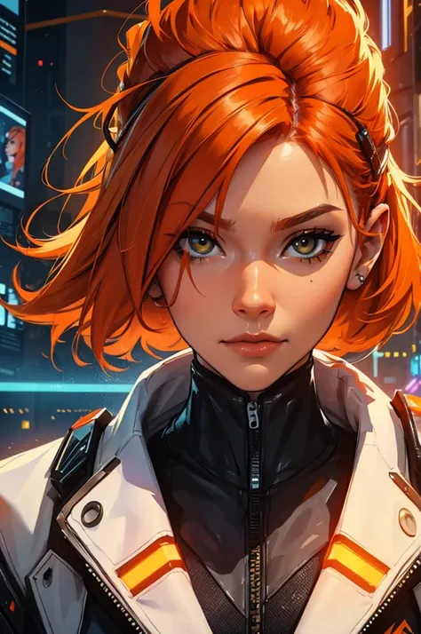 amazing orange hair, female cyberpunk character scientist, portrait, face shot, close-up