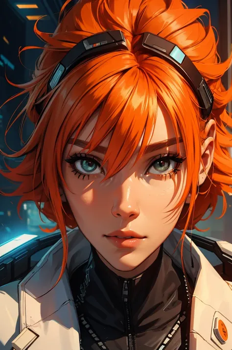 amazing orange hair, female cyberpunk character scientist, portrait, face shot, close-up